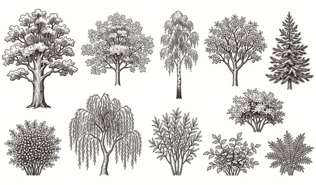 Vintage Tree and Bush Collection Hand Drawn Woodland Botanical Vector Set