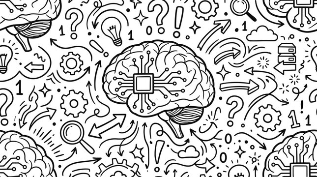 Artificial intelligence brain seamless pattern doodle with circuit board and technology elements machine learning doodle background cybernetic brain data network digital mind seamless
