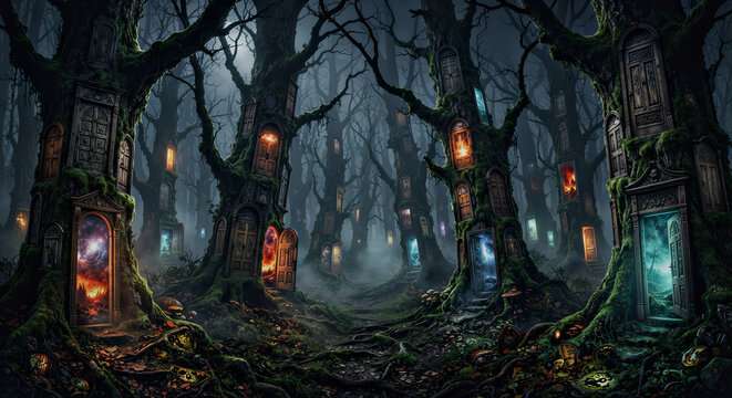 Halloween forest with fantasy doors in trees
