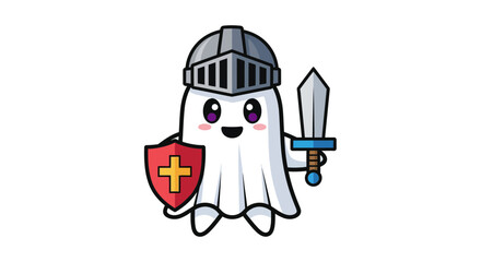 Naklejka premium Cute cartoon ghost character dressed as a medieval knight with sword and shield.