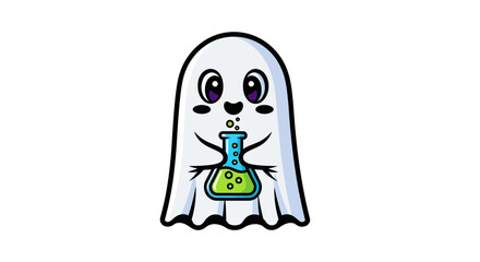 Fototapeta premium Cute cartoon ghost holding a chemical flask with green liquid.