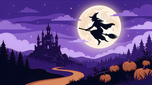 Halloween witch silhouette flying on broomstick, spooky purple night landscape with full moon and haunted castle, pumpkin patch background halloween