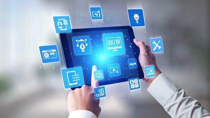 Obraz premium The concept of UX UI design focuses on user experience and interface. This process is essential for creating intuitive applications, enhancing the overall UX UI design. Gist