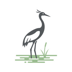 Naklejka premium Graceful minimalist illustration of a crane or stork wading in water amidst tall grass, rendered in elegant monochrome and green hues.