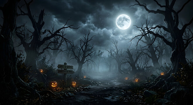 Dark Night forest fantasy background under moonlight