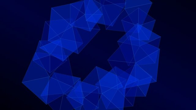 Abstract circular arrangement of translucent blue triangular pyramids in space