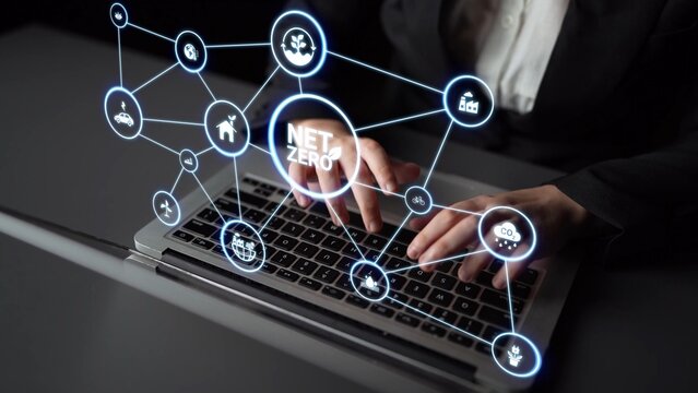 Net zero and sustainability concepts with environmental balance, digital sustainability icons, green energy goals, and eco-conscious digital business transformation for the future. Funnel
