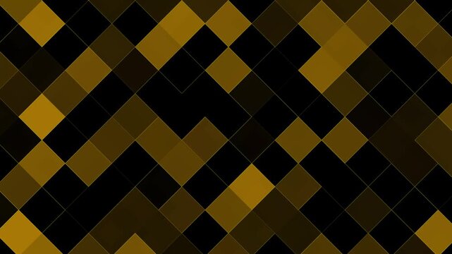 Golden square grid pixel pattern flashing dynamically, abstract yellow mosaic block flickering background animation, modern digital tech tile loop graphic element on black background. 4k video