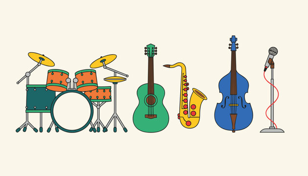Collection of classical musical instruments including drum set green guitar saxophone double bass and microphone.