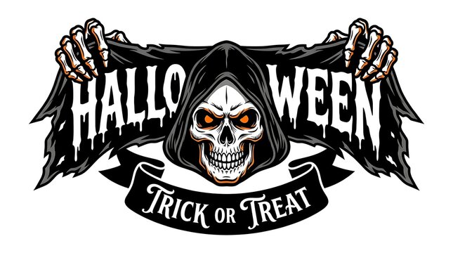 Halloween skull with hood holding banner with trick or treat text