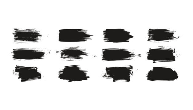 Twelve abstract black grunge brush strokes of various shapes and textures isolated on a white background.