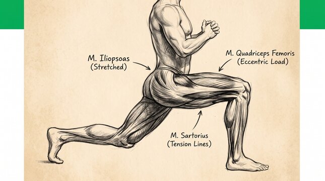 Anatomical charcoal sketch of human leg muscles during a lunge exercise on vintage paper.