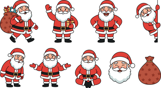 Cute cartoon Santa Claus vector character collection featuring various Christmas poses like waving, carrying sacks, holding gifts, peeking, and meditating