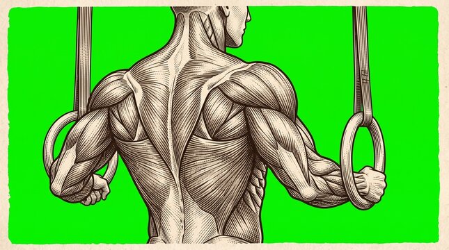 Muscular man exercising with gymnastic rings, back view illustration on green background