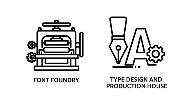 Font foundry and type design production house outline icons with typography