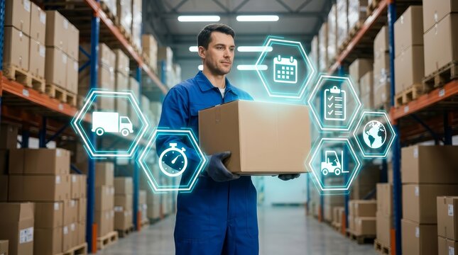 Integrated supply chain management concept featuring a worker and digital shipping icons.