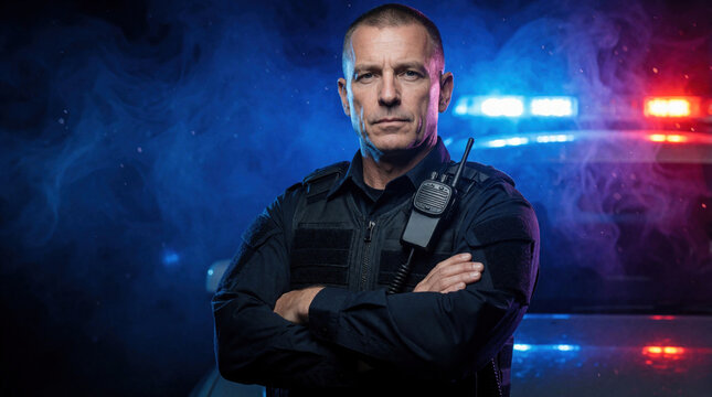 Serious caucasian police officer stands arms crossed with police car lights flashing behind. Officer faces camera ready for duty protecting citizens from crime. Uniformed law enforcer.