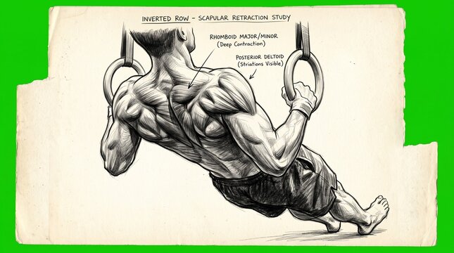 Anatomical drawing of a muscular athlete performing a horizontal ring row exercise.