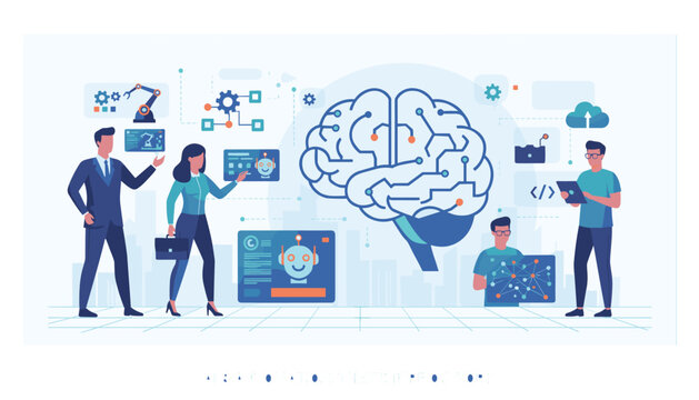 Team of digital technology specialists working around a giant electronic brain to develop smart robotics.