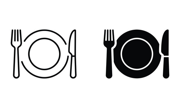 Plate with fork and knife restaurant dining icons set dinner plate cutlery set