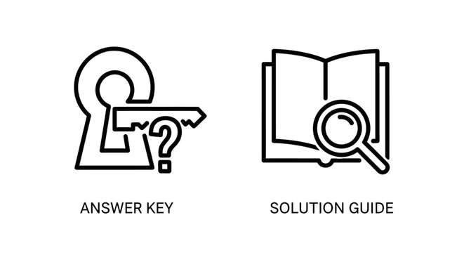 Black and white line icons representing answer key and solution guide concepts