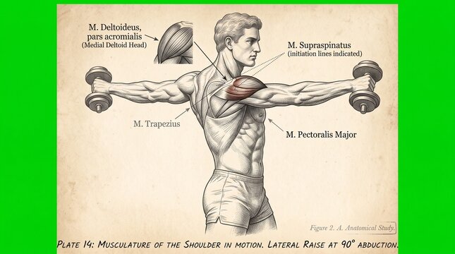 Vintage anatomical illustration of male figure performing lateral dumbbell raise exercise