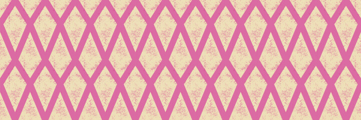Naklejka premium Pink diamond lattice makes a seamless repeat with lozenge cells. Harlequin pink lines carry watercolor noise and vintage speckles. Geometric vector diamond pattern for wall decor or fabric print