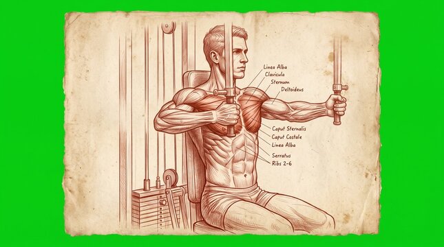 Anatomical sketch of a man performing a pec deck flye exercise for chest muscle growth.