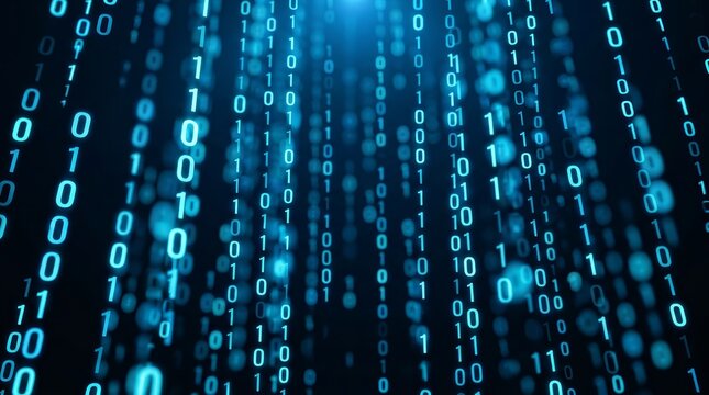 Glowing blue binary digits flowing over a dark digital backdrop.