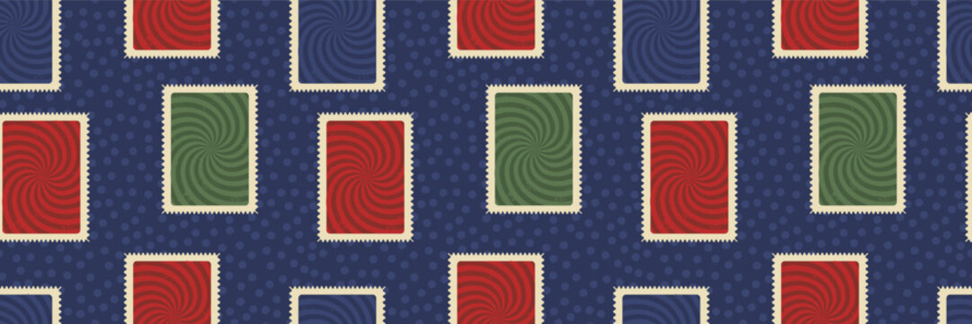 Stamp seamless pattern scatters blue and green postal frames over navy polkadot. Confetti stamp tiles have swirl motif with vintage smudge. Groovy vector pattern for postcard background or wall decor
