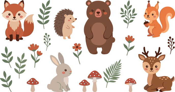 Cute woodland animal vector collection featuring cartoon forest elements like bear, fox, deer, rabbit, squirrel, hedgehog, mushrooms, flowers, and rustic leaves