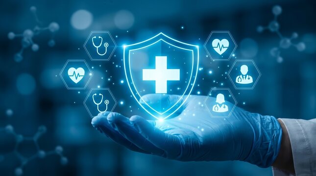 A glowing blue shield with a medical cross icon held by a doctor's gloved hand.