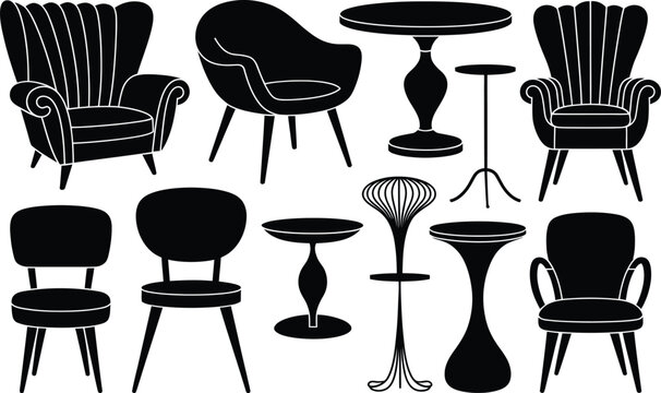 Furniture silhouette icon set illustration, chair table design collection interior decor vector artwork black outline modern vintage style comparison