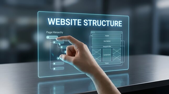 A business professional interacting with a futuristic digital interface displaying a website structure diagram for web development and planning