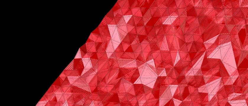 Geometric abstract pattern in shades of red with a contrasting black overlay.