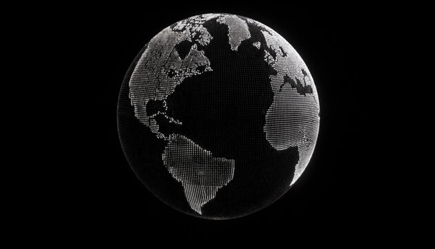Digital globe constructed from glowing white pixels against a clean black background for connectivity.