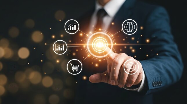 Digital marketing strategy concept with a businessman targeting audience goals via icons.