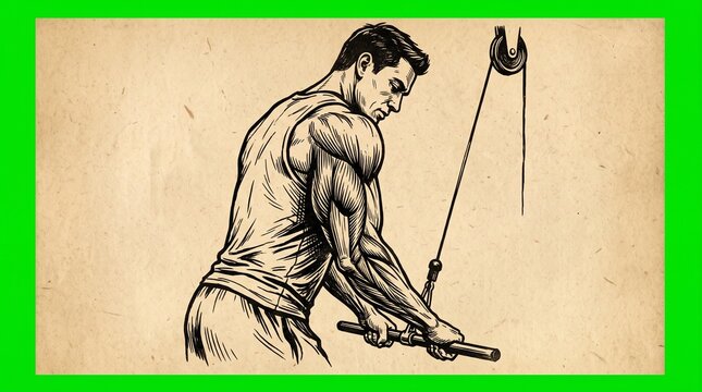 Muscular man performing cable tricep pushdown exercise in a vintage sketch illustration.