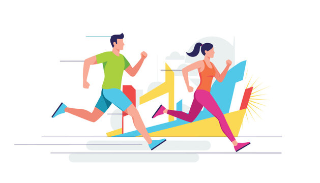 Man and woman running together against a colorful abstract geometric city skyline background to promote active lifestyle.
