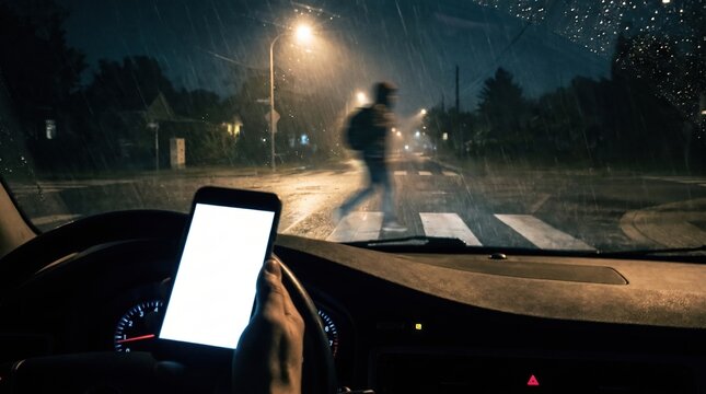 Distracted driver holding a glowing smartphone while driving a car at night in the rain with a pedestrian crossing the crosswalk ahead.