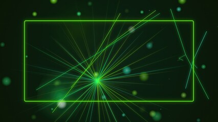 Obraz premium Abstract digital background with glowing green light streaks and particles inside a rectangular frame on black