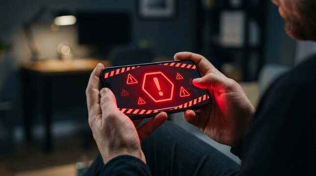 Digital safety threat and software security vulnerability shown via glowing red hazard icons on a mobile device.