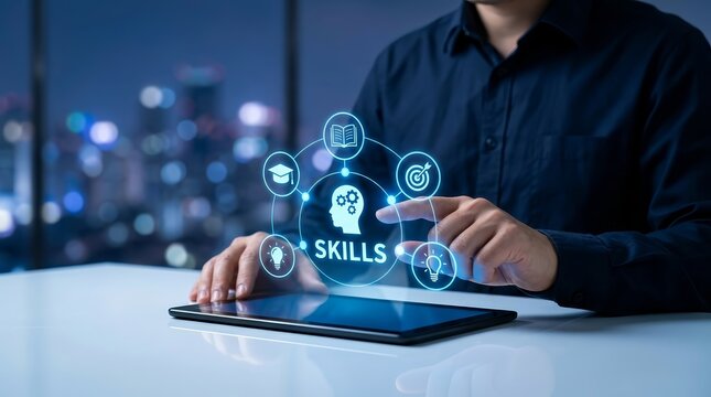 Digital tablet displaying a skills concept with competency symbols and knowledge acquisition icons.