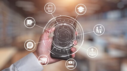 Fototapeta premium Online education icons show e-learning, online education classes, and digital study. Online education enables global online education access, flexible learning. Gist