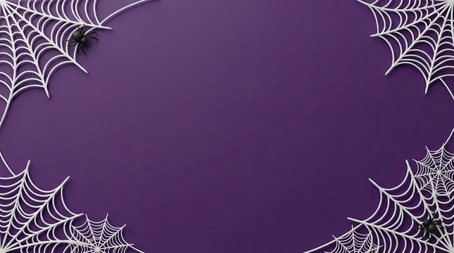 Top view of white spider webs on a dark purple background for a festive halloween party invitation design
