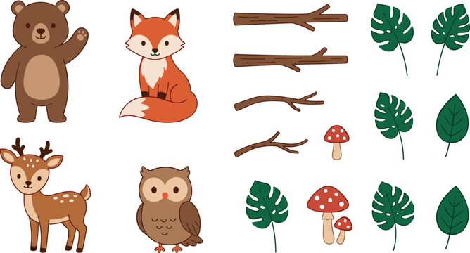 Cute woodland animal vector collection featuring cartoon forest elements like bear, fox, deer, owl, wooden branches, red mushrooms, and monstera leaves