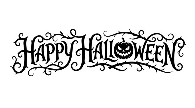 Happy halloween text with spooky pumpkin and decorative vines