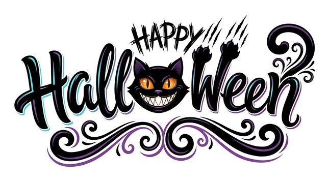 Happy halloween lettering with a mischievous black cat and claw marks