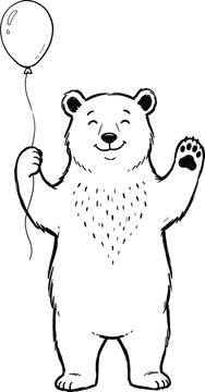 Bear Standing Holding Balloon Waving Paw Illustration