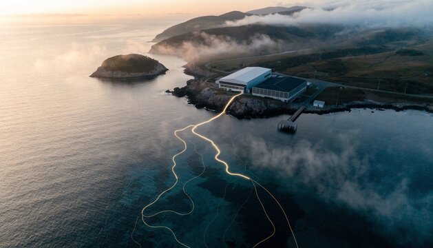 Overhead drone photo of a subsea fiber-optic cable landing station at dawn, glowing light trails along the seabed entering a modern coastal facility, misty morning light.  